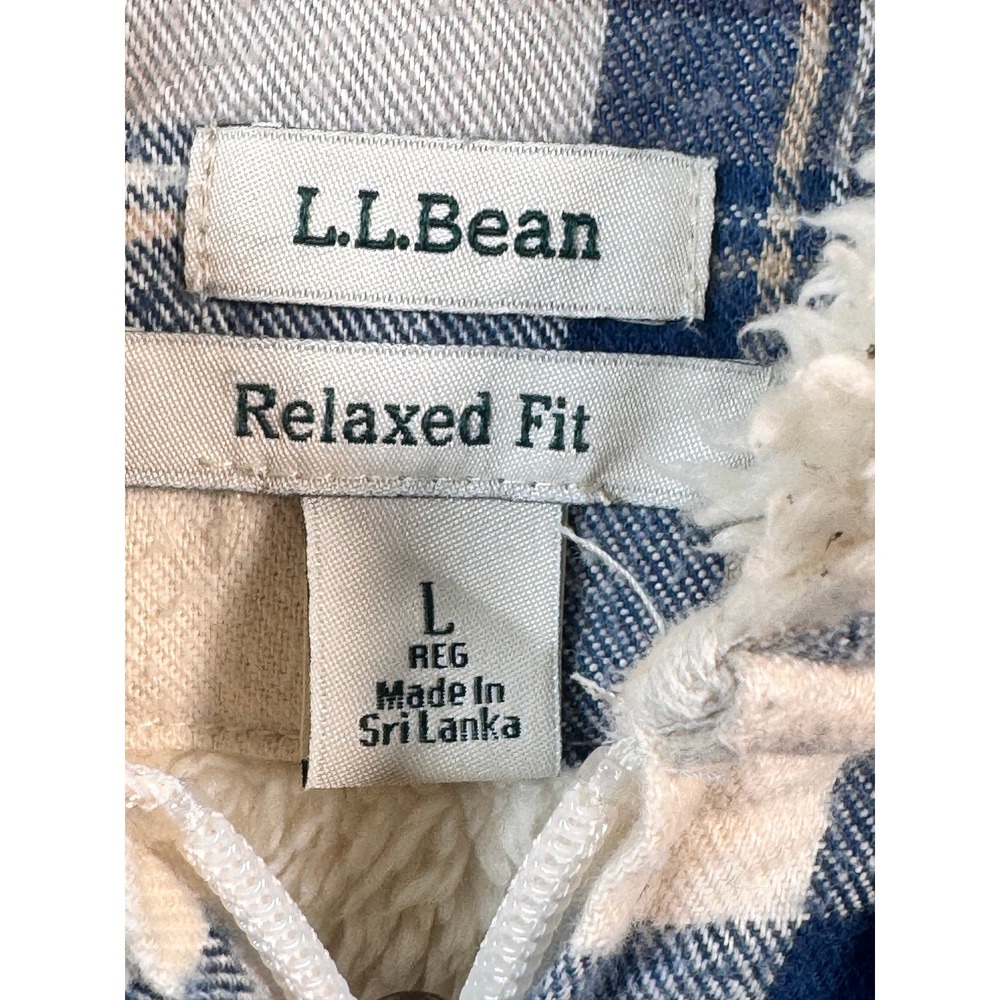 LL Bean Relaxed Fit Sherpa Lined Hooded Flannel Shirt Jacket Blue Plaid Large - Picture 2 of 12